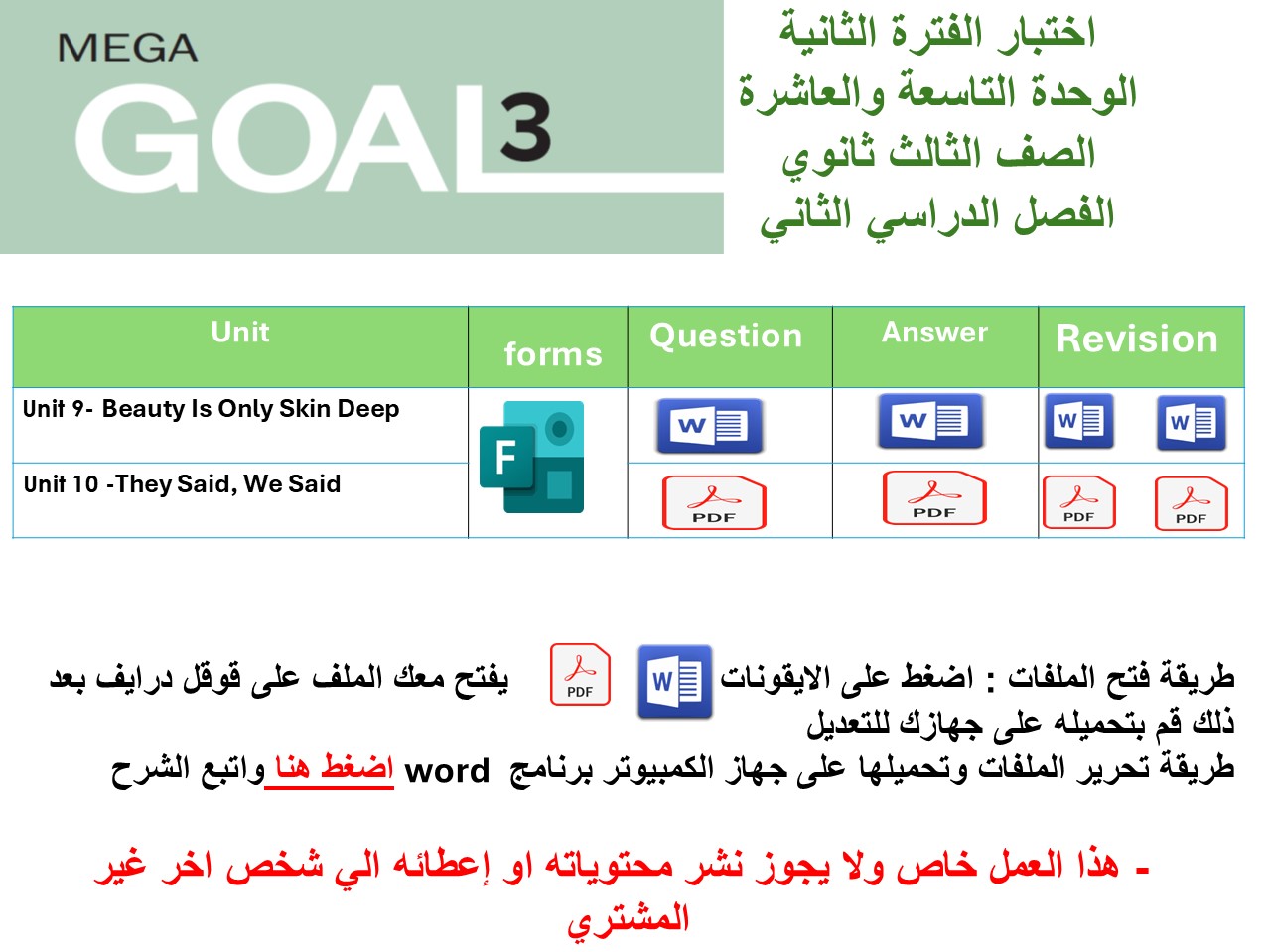 اختبار الفترة الثانية منهج Mega Goal 3 الوحدات التاسعة والعاشرة الفصل الدراسي الثاني ورقي وفورمز